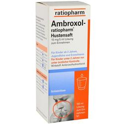 Weiße Verpackung mit Aufschrift "Ambroxol Hustensaft" und Bild eines hustenden Menschen.
