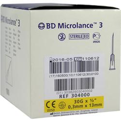 Eine Verpackung von sterilen BD MicroLance 3 Kanülen mit Barcode und CE-Zeichen.